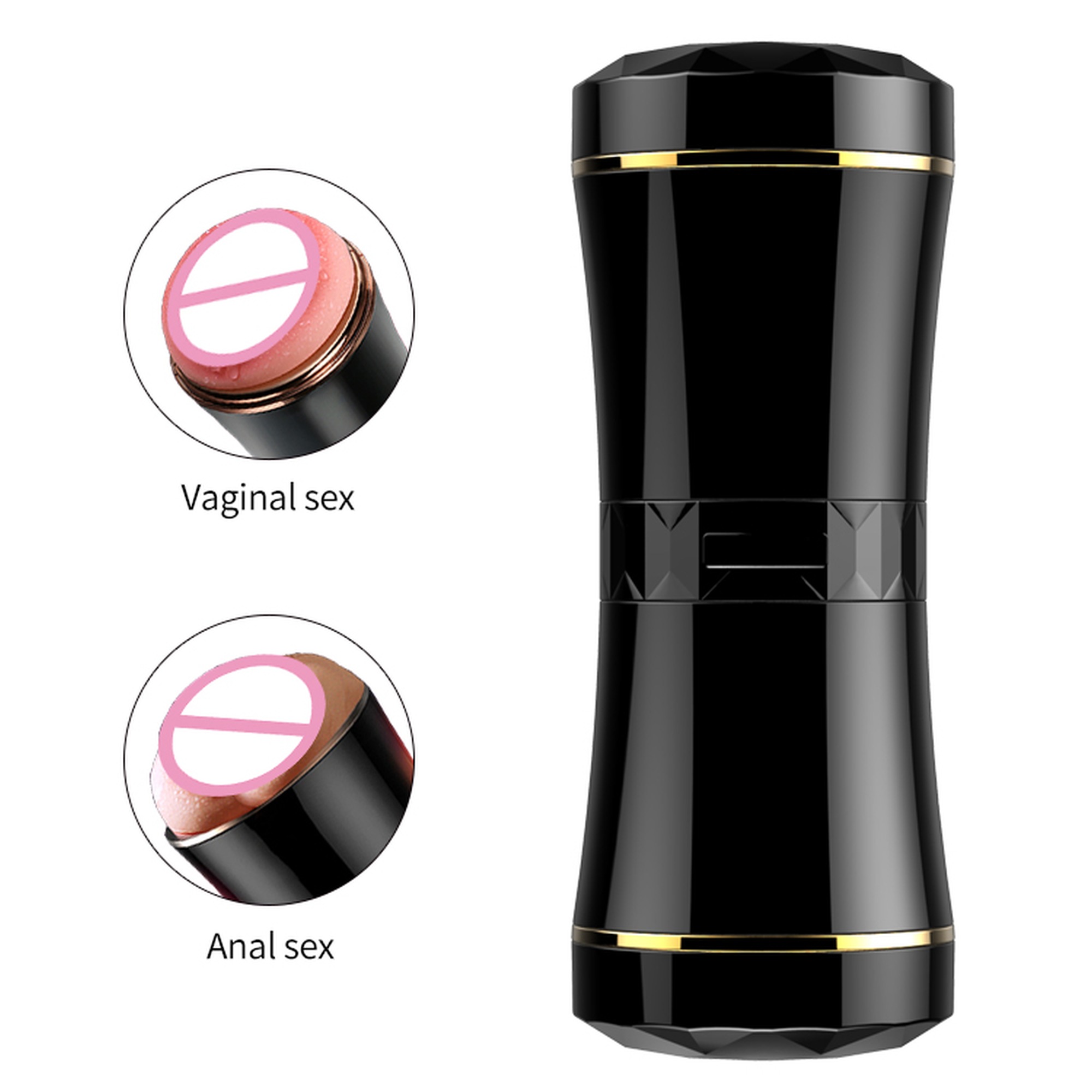 Cele doua capete ale masturbatorului, marcate distinct: vaginal si anal