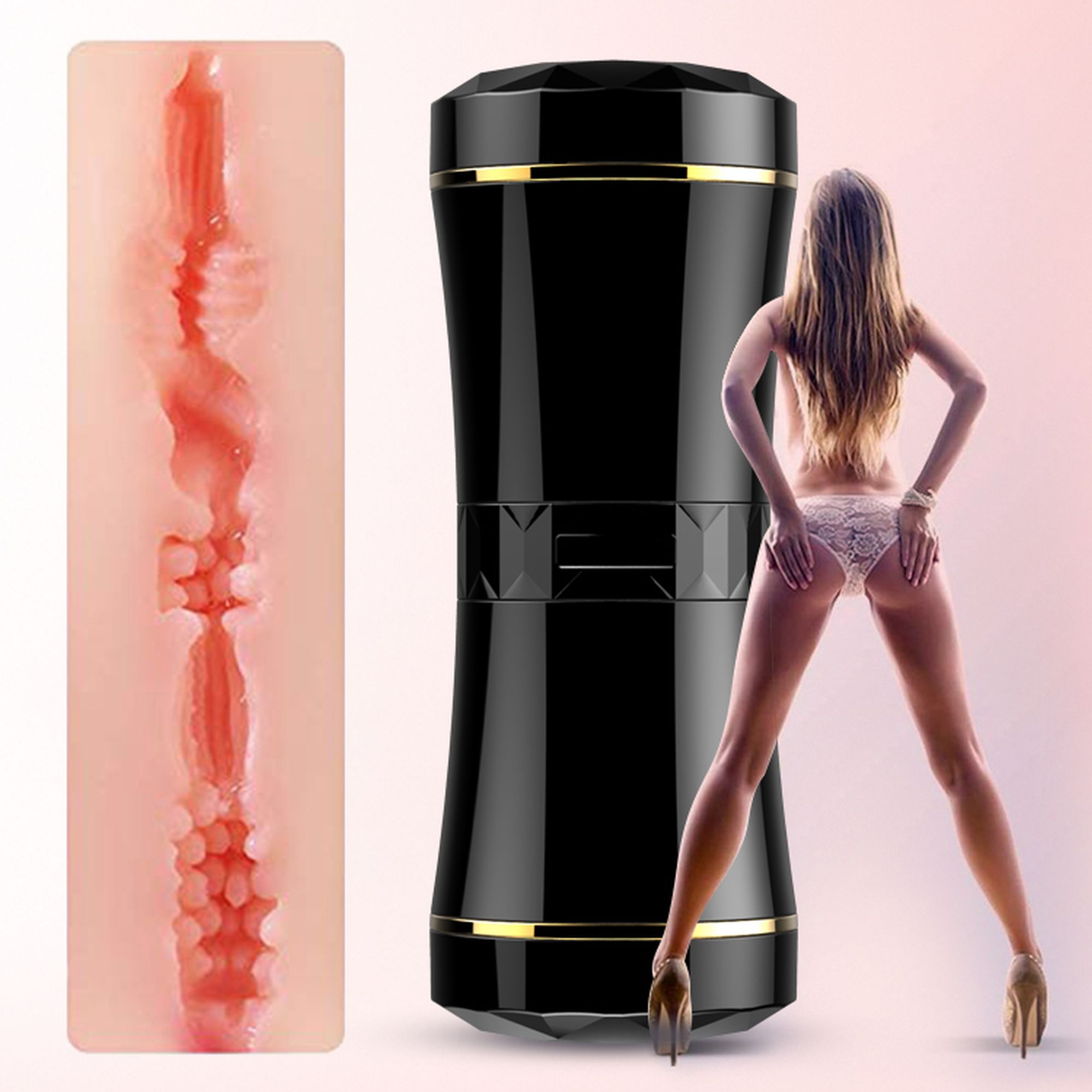 Masturbator Double Ends Cup, carcasa neagra cu inele aurii, canal interior texturat