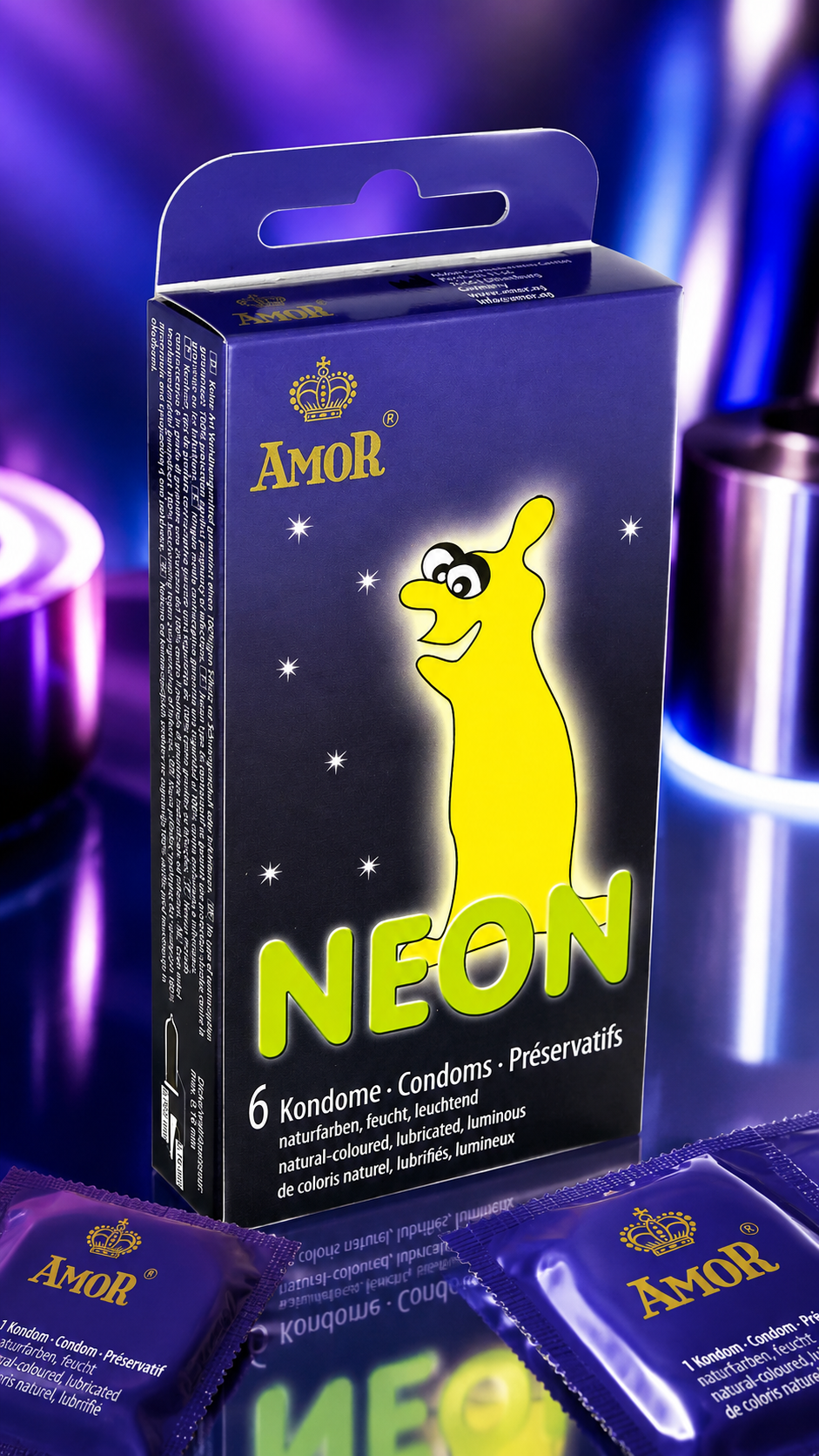 Prezervative Fosforescente Amor Neon, ambalaj individual langa cutia produsului