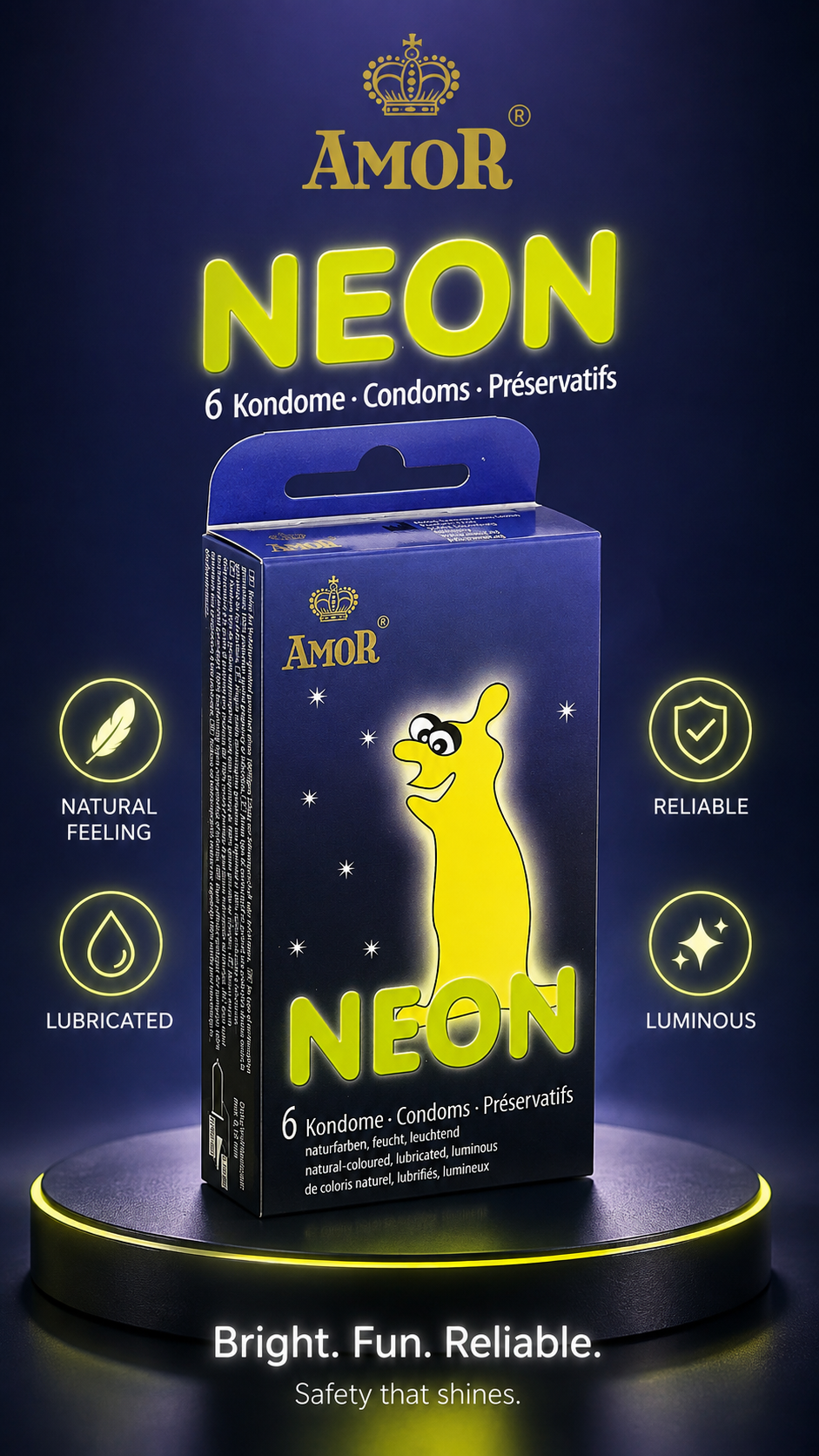 Prezervative Fosforescente Amor Neon, cutie cu iconite pentru caracteristicile cheie ale produsului