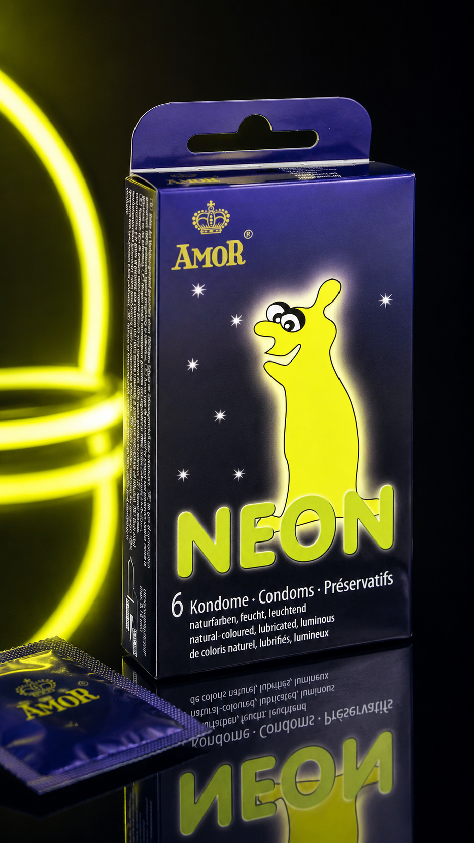 Prezervative Fosforescente Amor Neon, cutie cu inel de lumina neon galbena, evidentiind efectul fosforescent