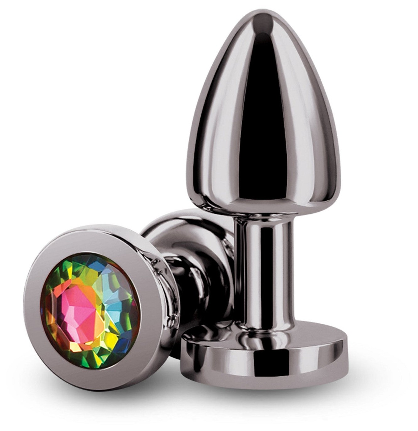 Plug Anal Rear Assets Petite negru, detaliu cu cristalul multicolor fatetat la baza