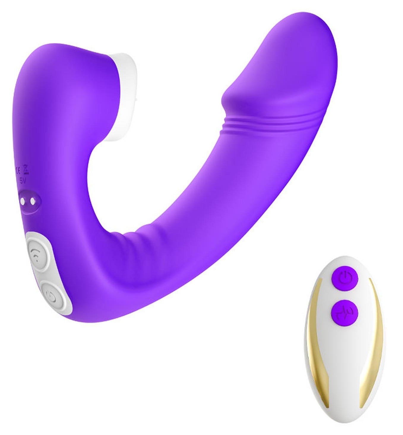 Vibrator Joy Purple cu dubla stimulare, brat curbat pentru punctul G si cap cu unde de presiune, langa telecomanda wireless