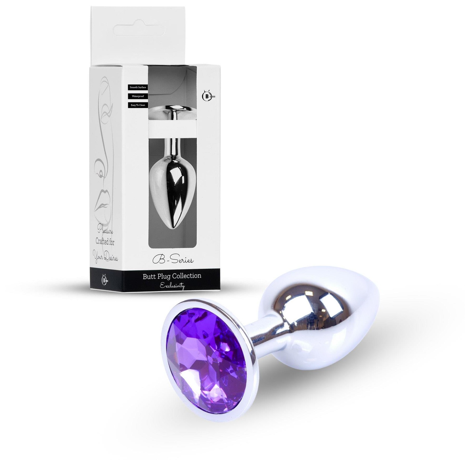 Plug Jewellery Silver Purple, cutia B-Series alaturi de produs, cristal violet vizibil