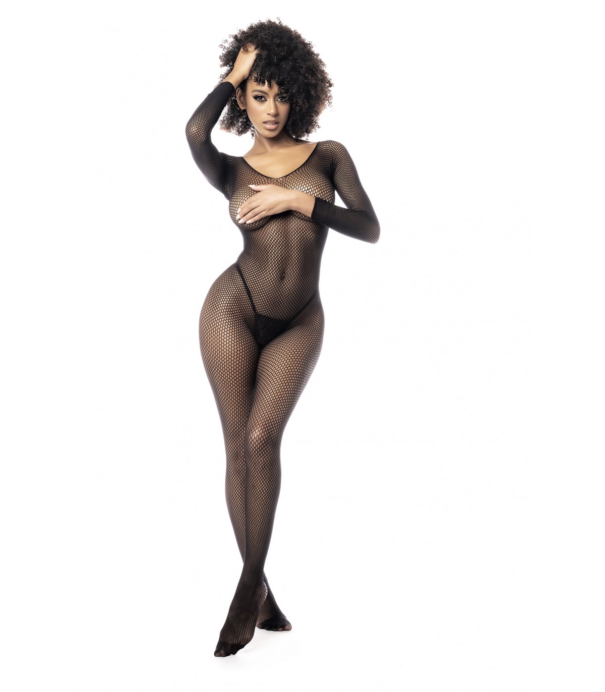 Bodystocking Fishnet Maneci Lungi Negru purtat