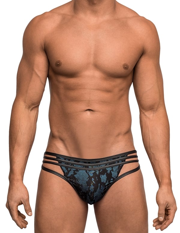 Male Power Strapped and Bound Strappy Thong albastru negru, marime S/M, imprimeu foil cu textura punctata