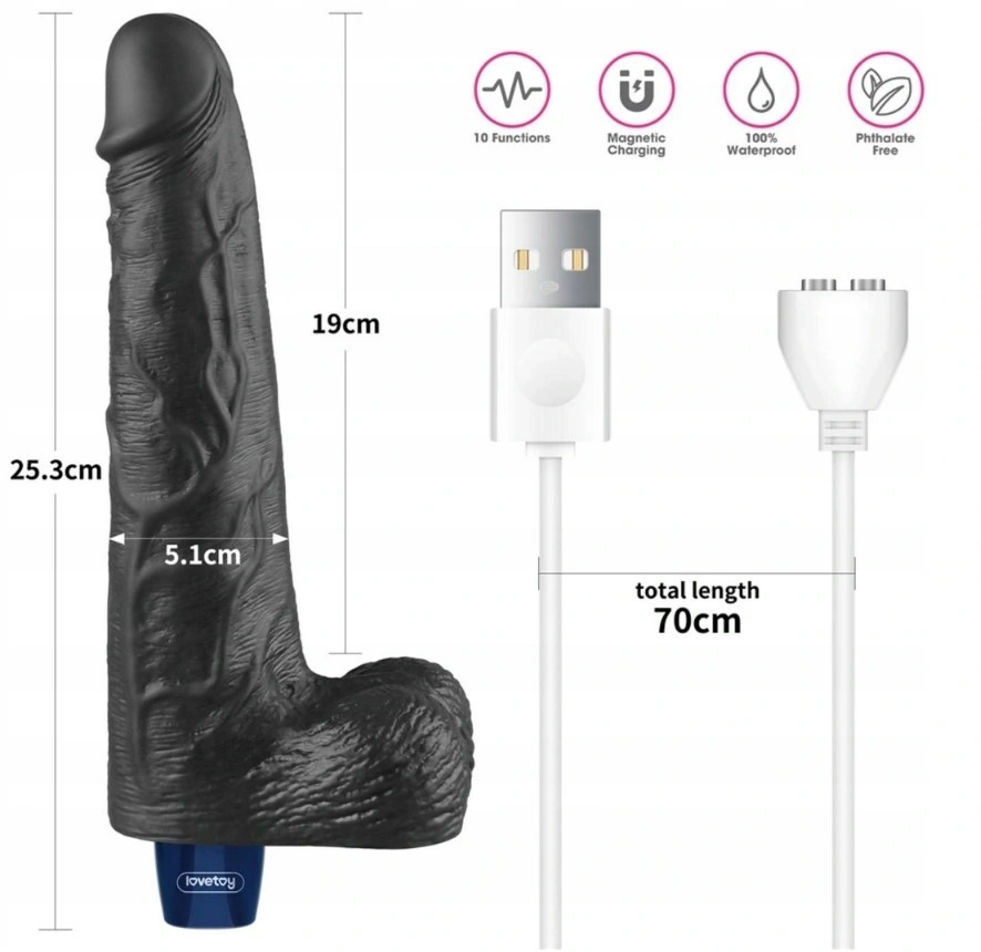 Vibrator Lovetoy Real Softee cu masuratori oficiale: 25,3cm lungime totala, 19cm lungime inserabila, 5,1cm diametru