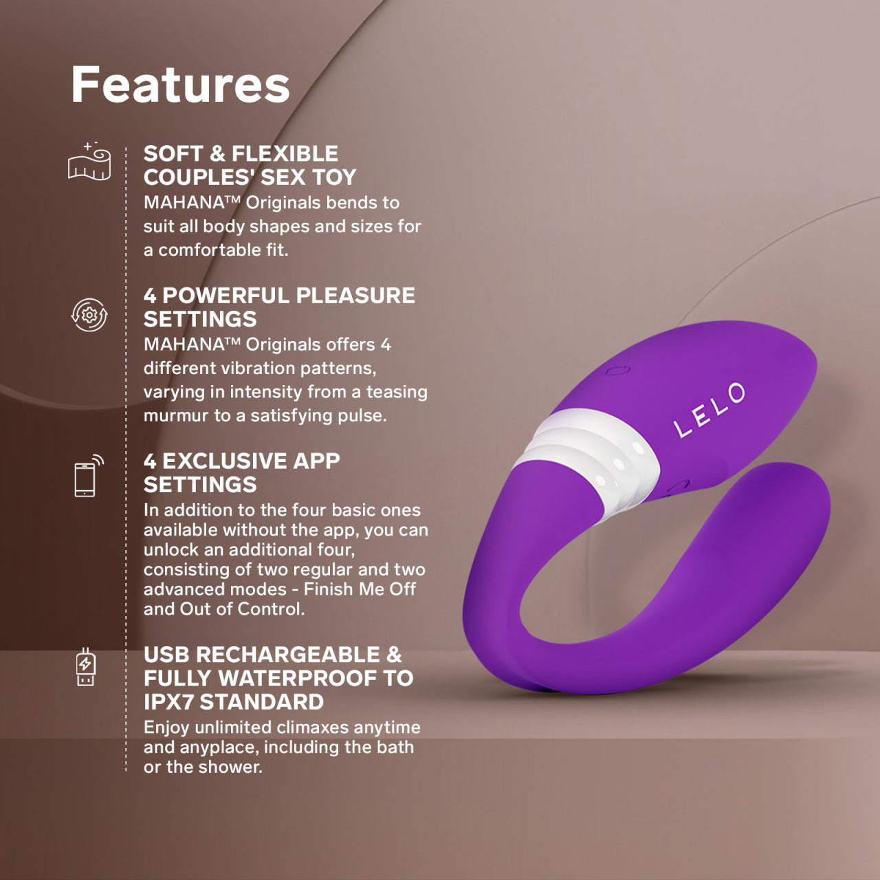 LELO Mahana Originals, infografic cu cele 8 moduri de vibratie, control din aplicatie, reincarcare USB, IPX7