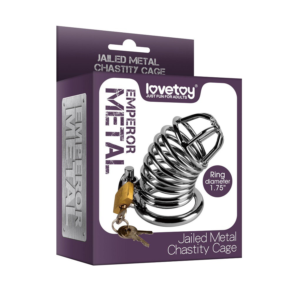 Centura de castitate metalica Lovetoy Emperor langa cutia originala de vanzare, cu diametrul inelului marcat