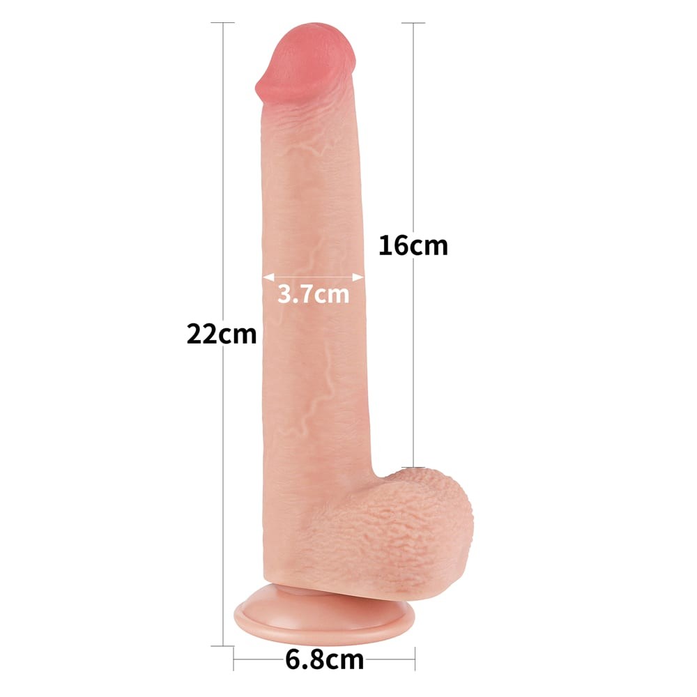 Dildo Lovetoy Sliding Skin cu masuratori oficiale: 22cm lungime totala, 16cm pana la baza glandului, 3,7cm diametru