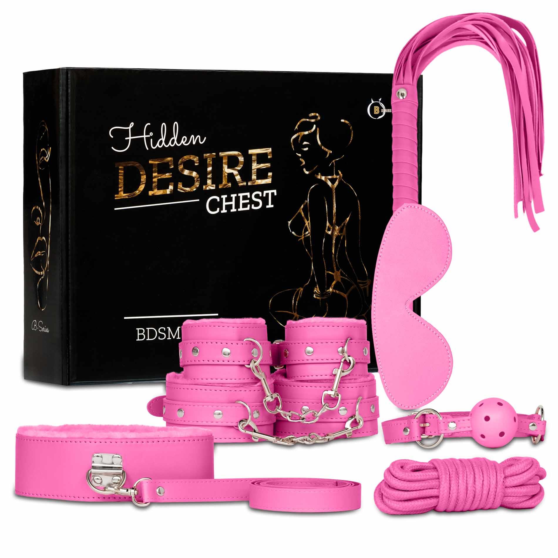 Kit BDSM 7 piese Fetish B-Series roz, cutie cadou si toate componentele: catuse, zgarda, bici, minge, masca, franghie