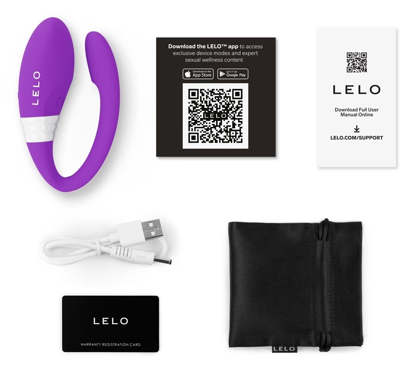 LELO Mahana Originals, continutul cutiei: dispozitiv, cablu incarcare USB, saculet satin, card garantie, coduri QR