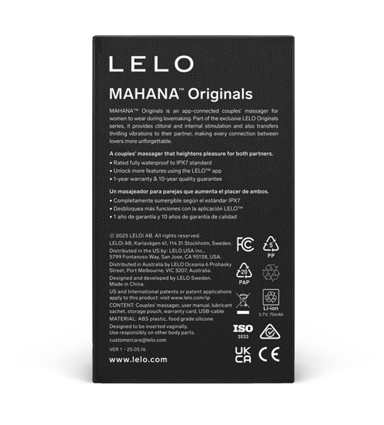LELO Mahana Originals, spatele cutiei cu specificatii tehnice complete si garantie 10 ani