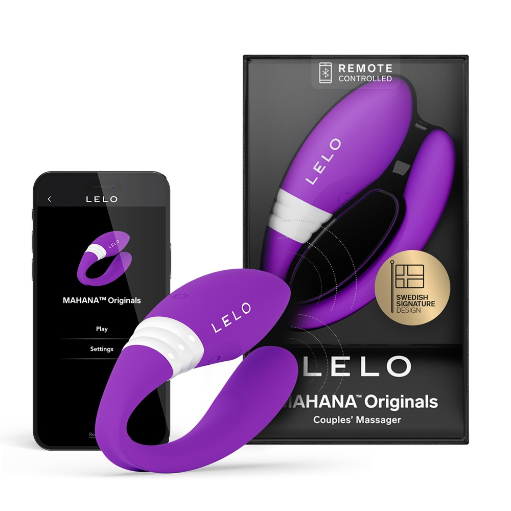 LELO Mahana Originals, masajor pentru cupluri violet, alaturi de aplicatia LELO pe telefon si cutia originala