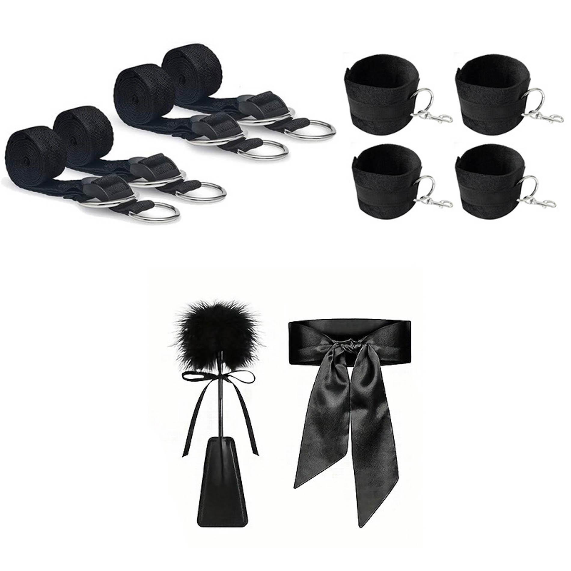 Componentele setului bondage pat Fetish B-Series: 4 curele cu inele, 4 catuse cu carabina, pana si masca