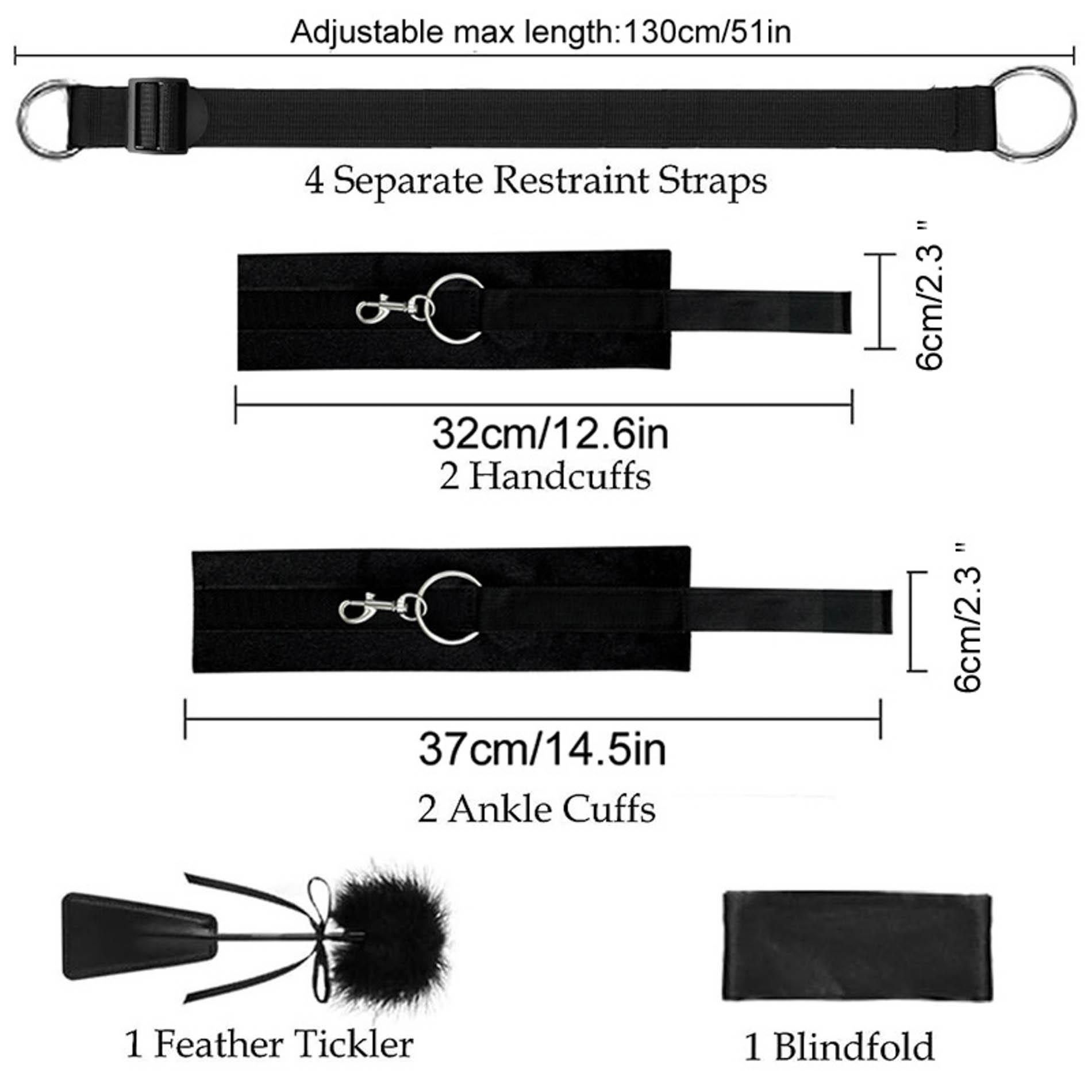 Dimensiunile setului bondage pat Fetish B-Series: curele reglabile pana la 130 cm, catuse maini 32 cm, catuse picioare 37 cm