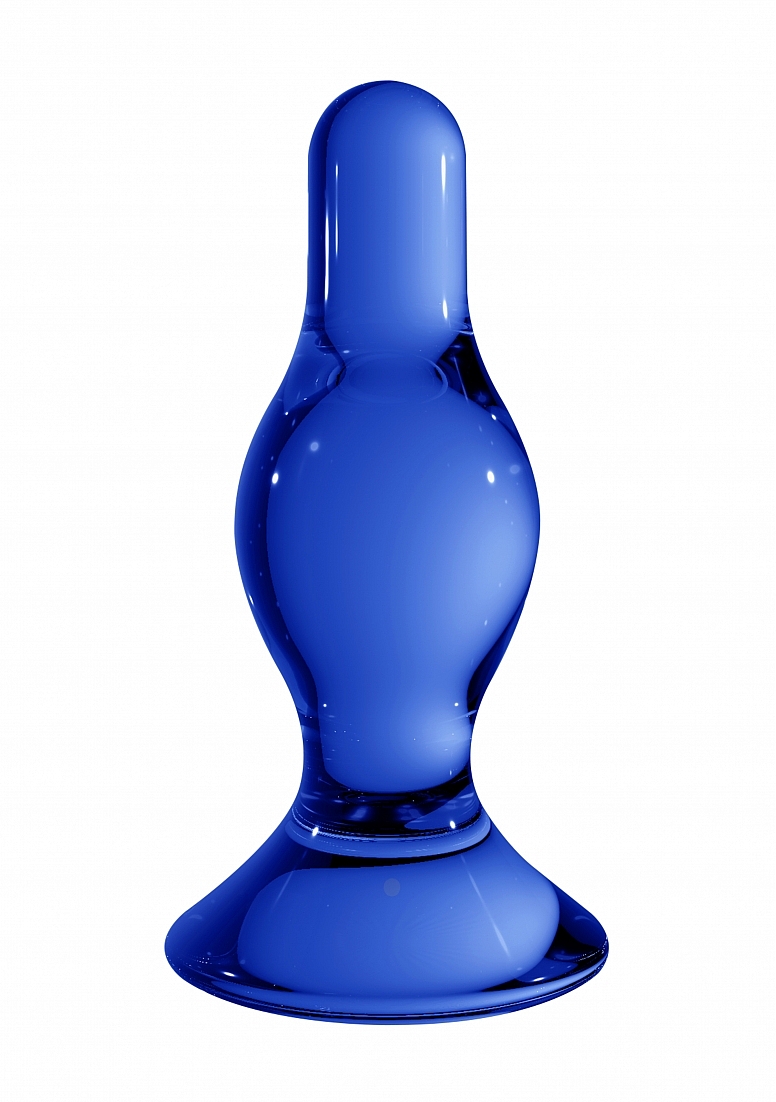 Butt plug din sticla Chrystalino Classy Blue, forma cu bulb central si baza evazata