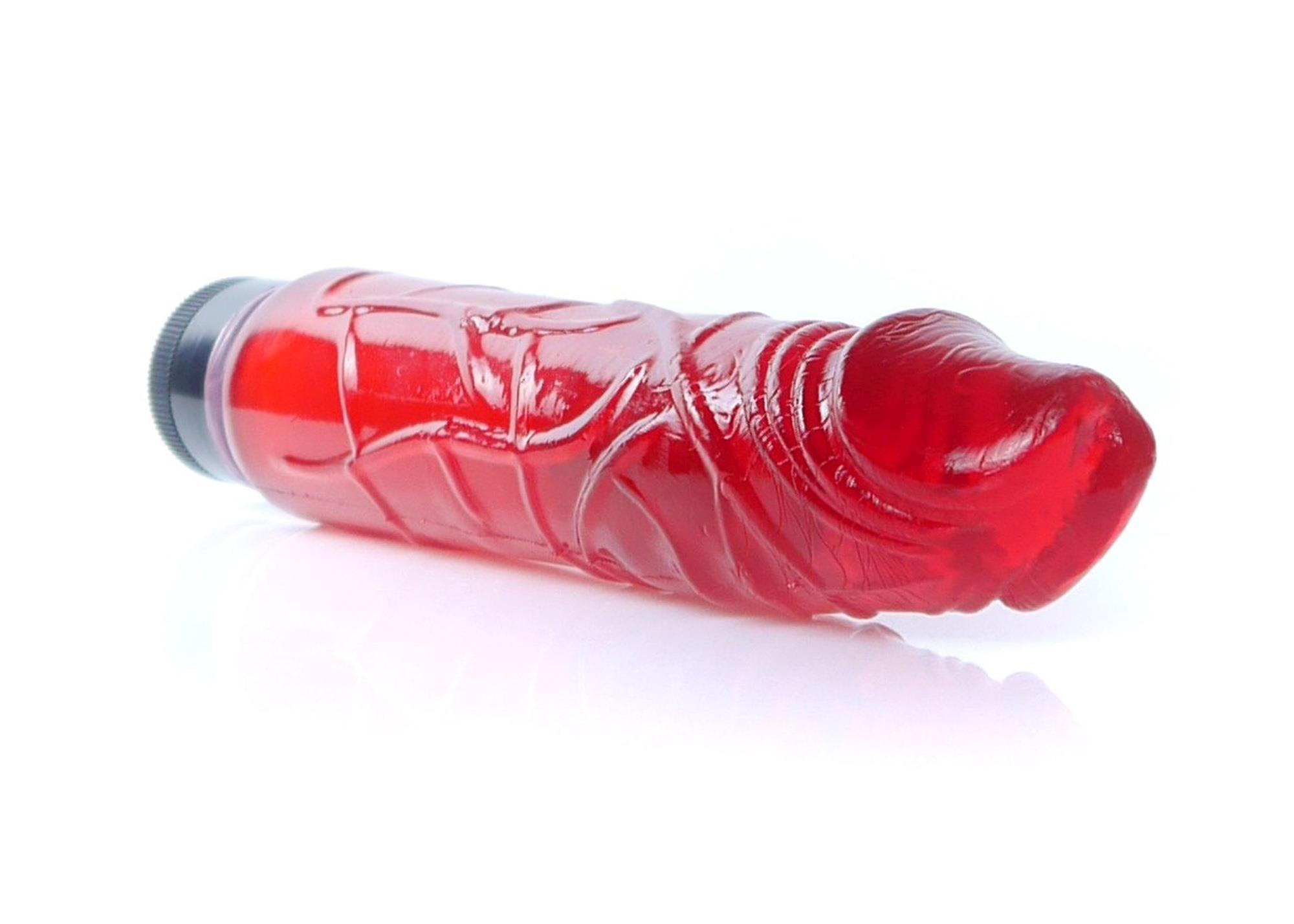 Vibrator Juicy Jelly rosu, unghi diagonal cu detaliile texturii in relief