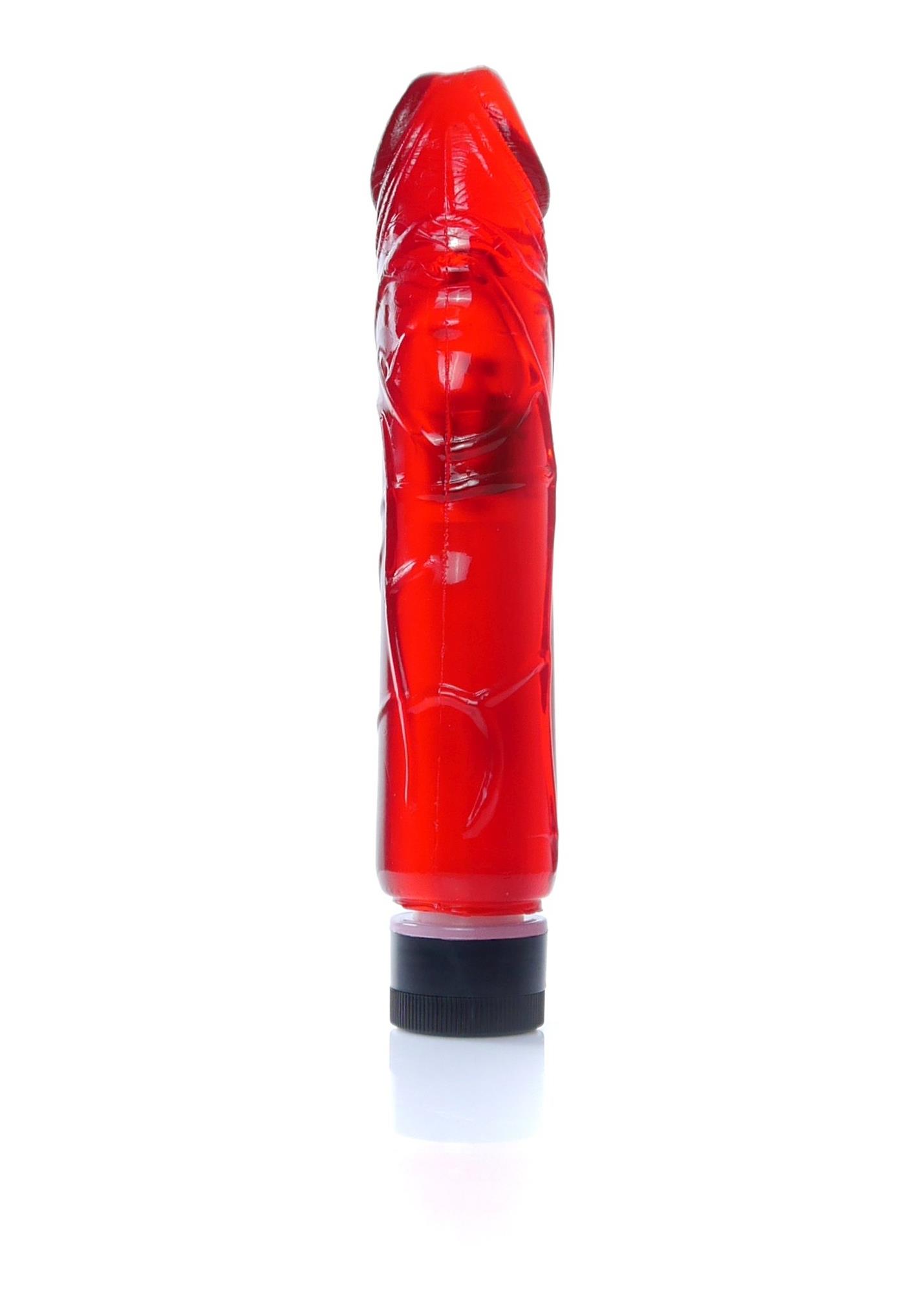 Vibrator Juicy Jelly rosu, profil lateral cu baza rotativa pentru reglarea vitezei