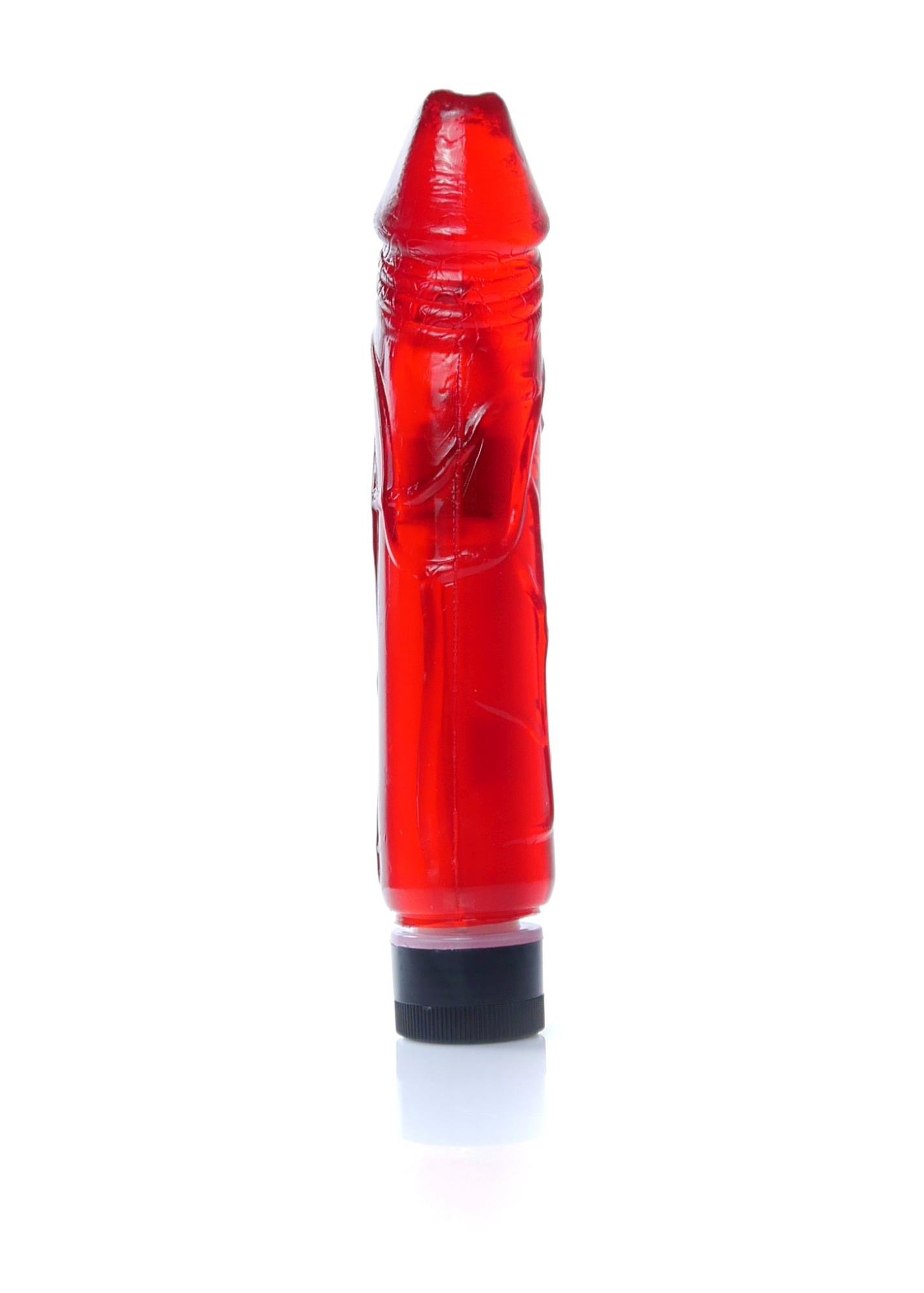 Vibrator Juicy Jelly rosu, vedere din fata, material jelly flexibil translucid