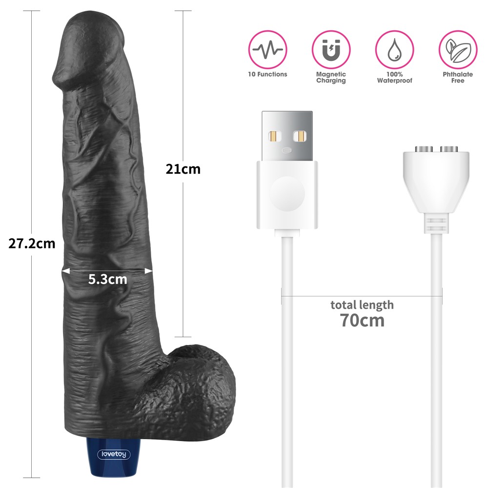 Vibrator Lovetoy Real Softee cu masuratori oficiale: 27,2cm lungime totala, 21cm lungime inserabila, 5,3cm diametru