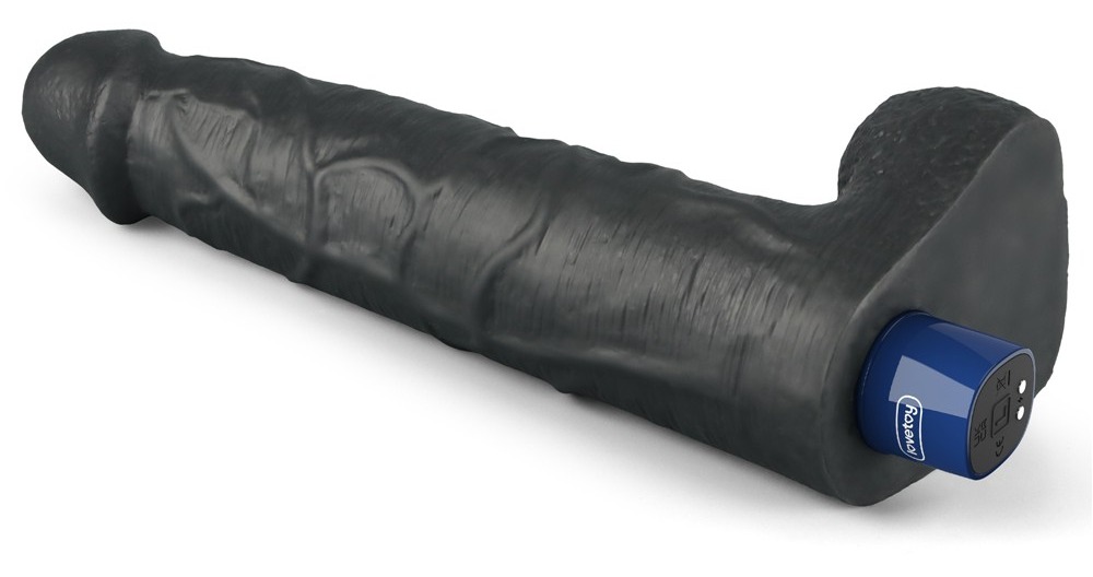 Vibrator Lovetoy Real Softee 10.5 inch negru, unghi diagonal cu baza si portul de incarcare magnetica