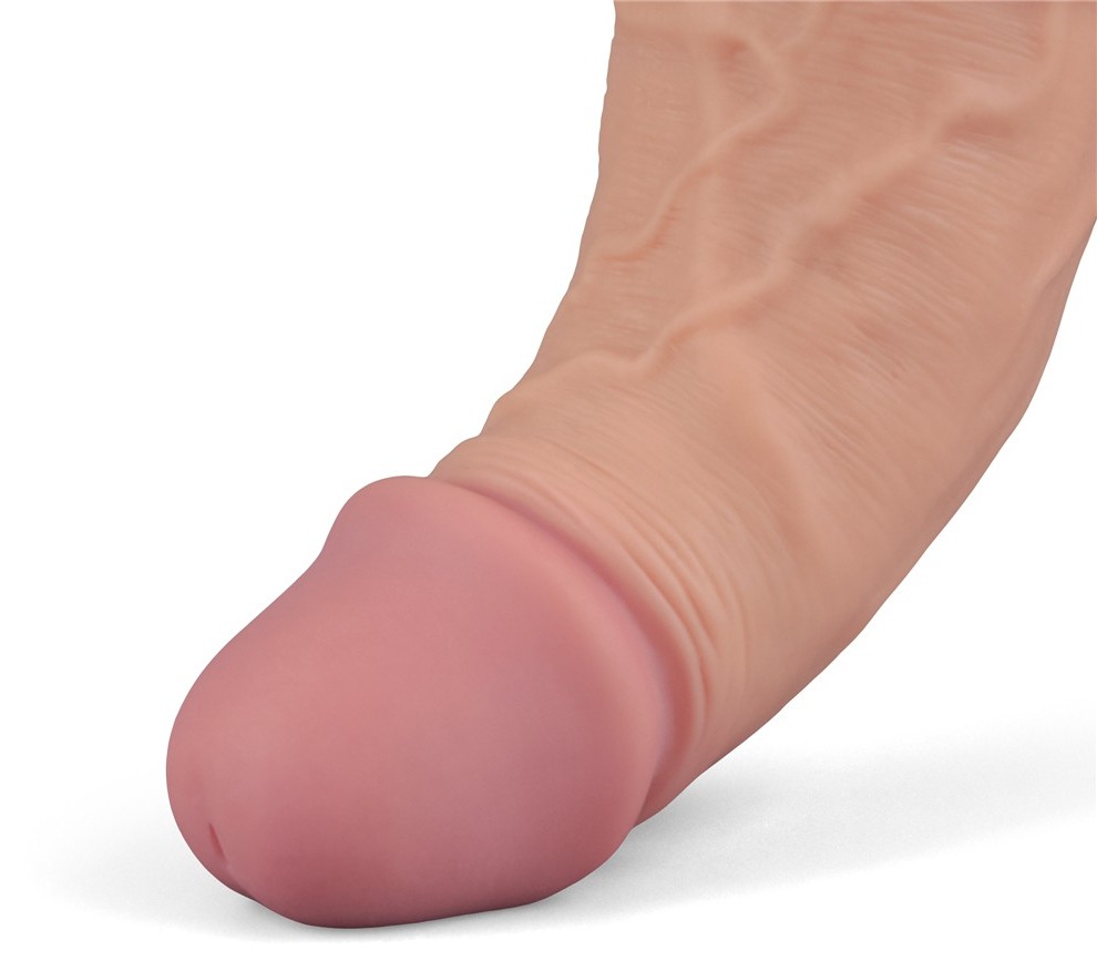 Detaliu macro al varfului anatomic si texturii de vene ale vibratorului Real Softee natural