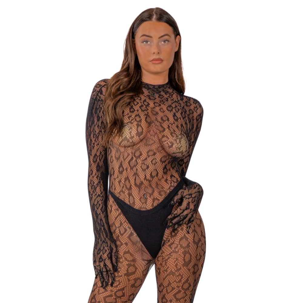 Catsuit Leopard cu Manusi Integrate Negru Lace by LJ vedere fata