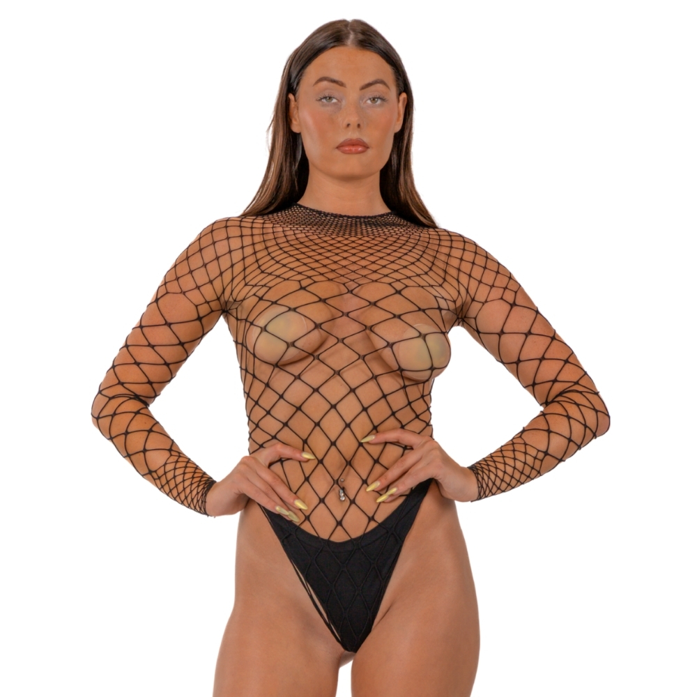 Bodysuit Fence Net Maneci Lungi Negru Lace by LJ vedere fata