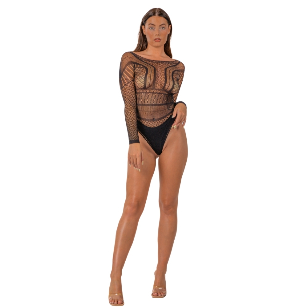 Body dantela Lace by LJ maneci lungi Negru, detaliu decolteu scoop neck