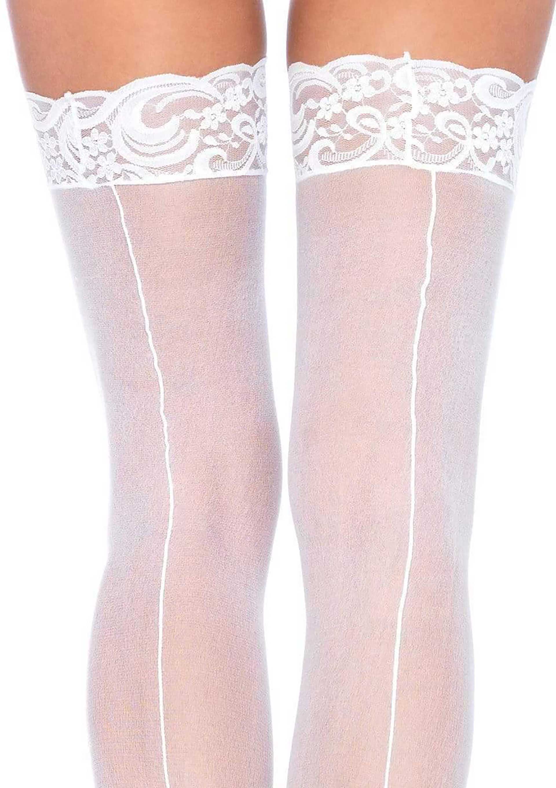 Ciorapi Autofixanti Sheer cu Cusatura Alb detaliu top dantela