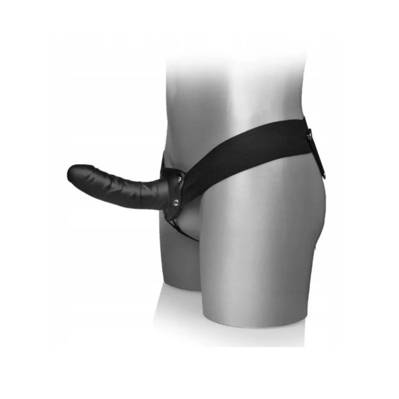 Strap-on Everlasting Dong Negru, purtat pe sold, vedere din profil