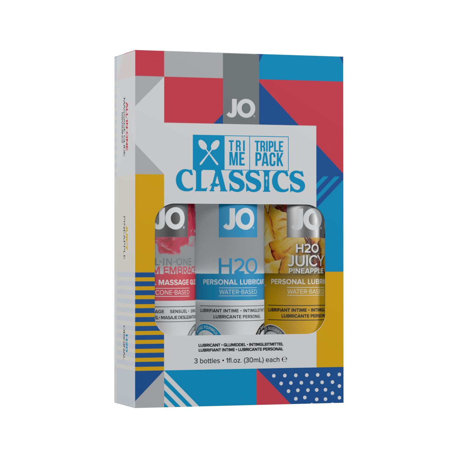 Set System JO Tri-Me Triple Pack Classic cu trei flacoane de 30 ml: lubrifiant H2O, Juicy Pineapple si ulei de masaj