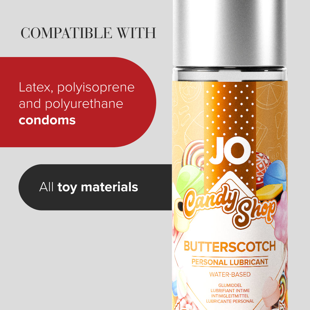 Compatibilitate JO Candy Shop Butterscotch: prezervative din latex, poliizopren si poliuretan, toate jucariile