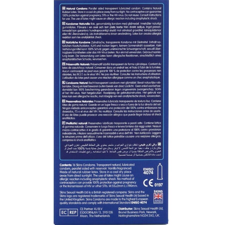 Verso cutiei Skins Natural, cu instructiuni si certificari