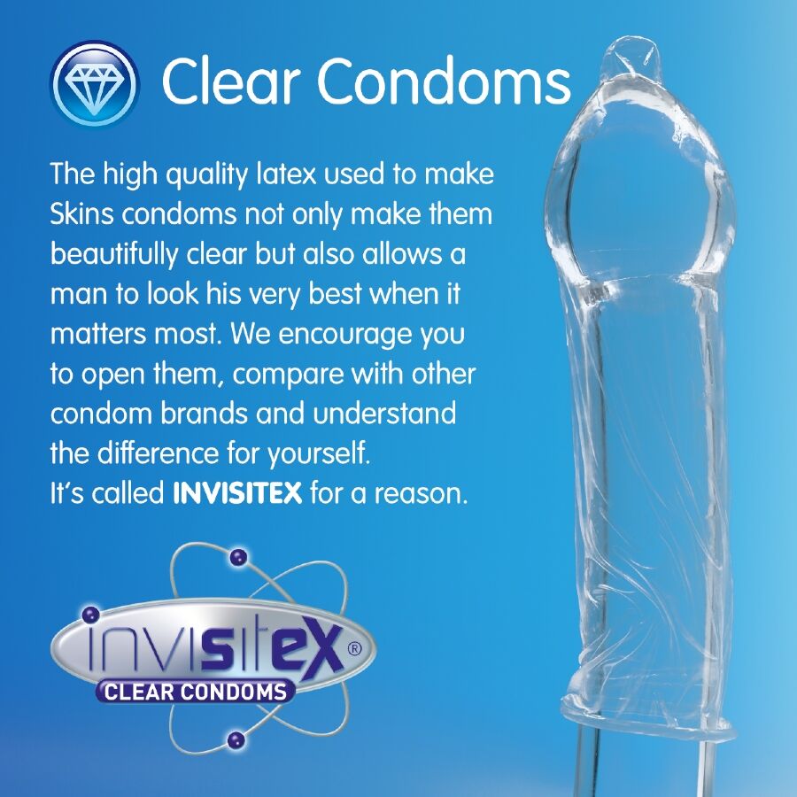Detaliu Invisitex Clear Condoms, evidentiind transparenta latexului Skins