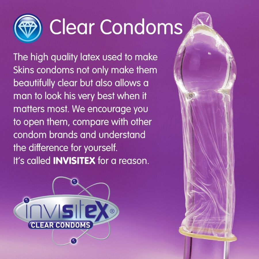 Detaliu Invisitex Clear Condoms pe fond mov, pentru Skins Extra Large