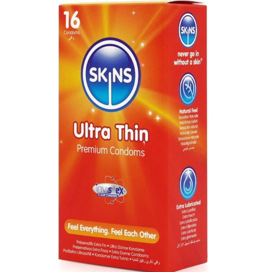 Cutia Skins Ultra Thin vazuta din unghi, cu pictograme Extra Lubricated