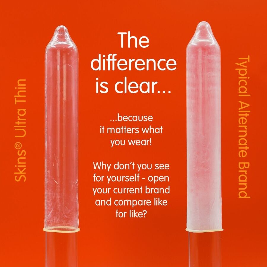 Comparatie vizuala intre grosimea Skins Ultra Thin si un prezervativ standard