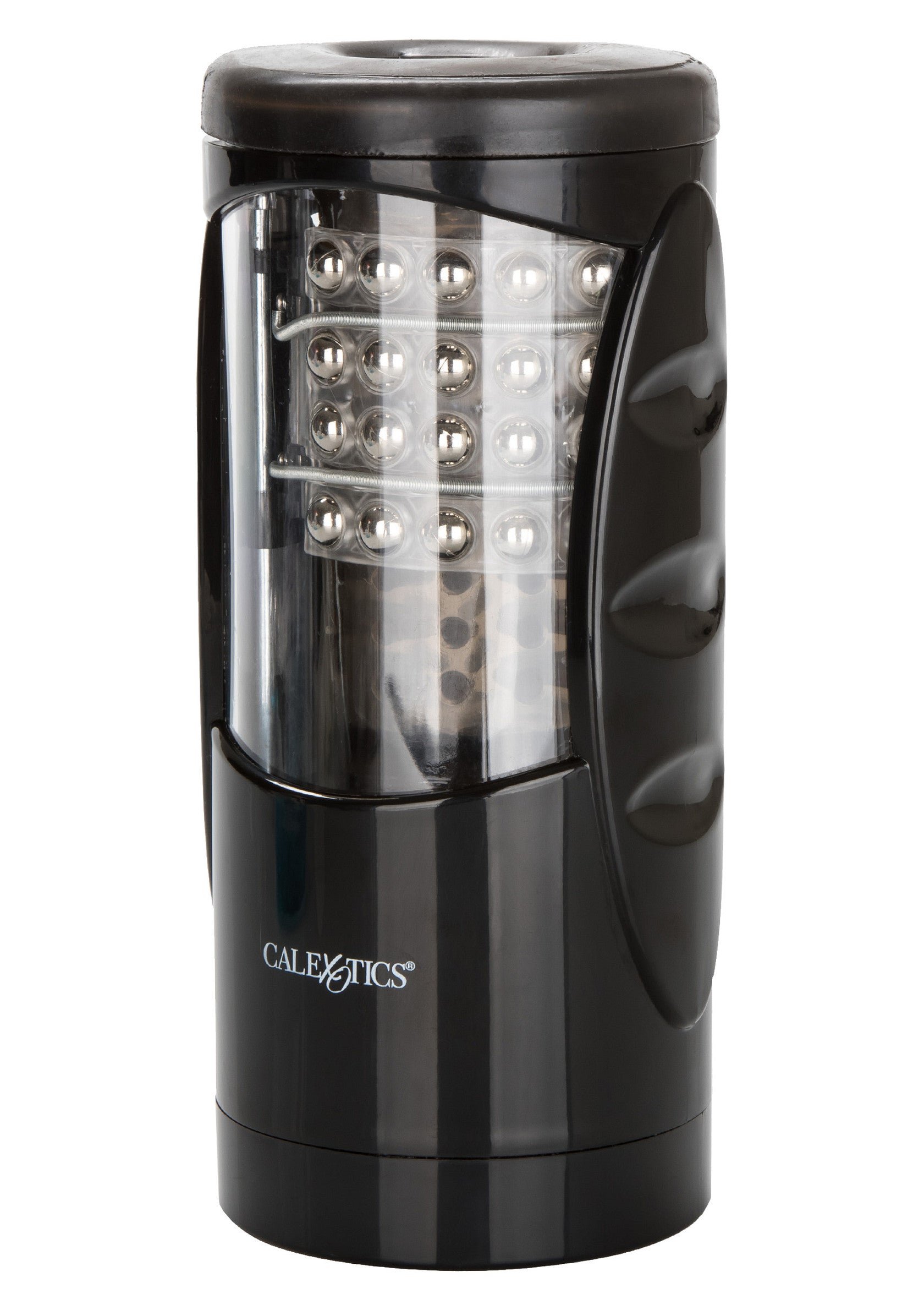 Masturbator cu bile si vibratie Ultimate Power Stroker CalExotics negru, vedere de ansamblu cu fereastra transparenta