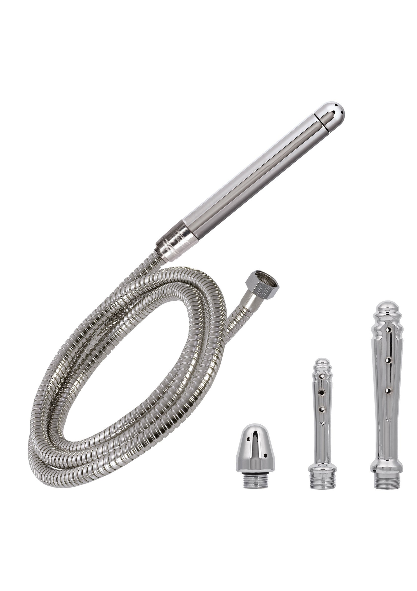 Sistem irigator intim cu furtun si 4 capete CalExotics argintiu, set complet