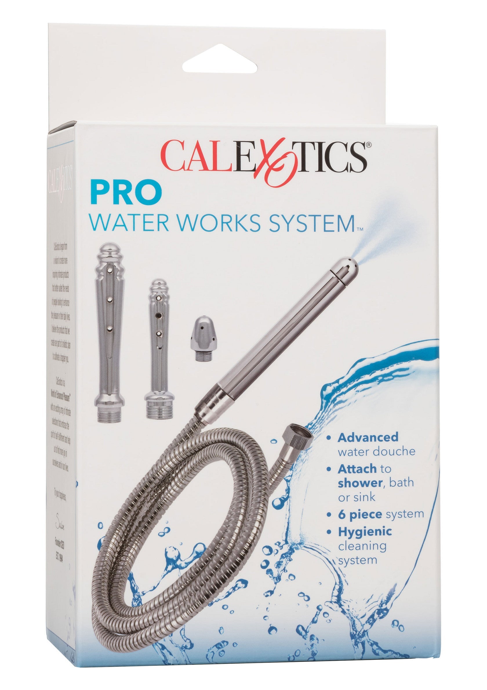 Sistem irigator intim cu furtun si 4 capete CalExotics argintiu, detaliu cap mic