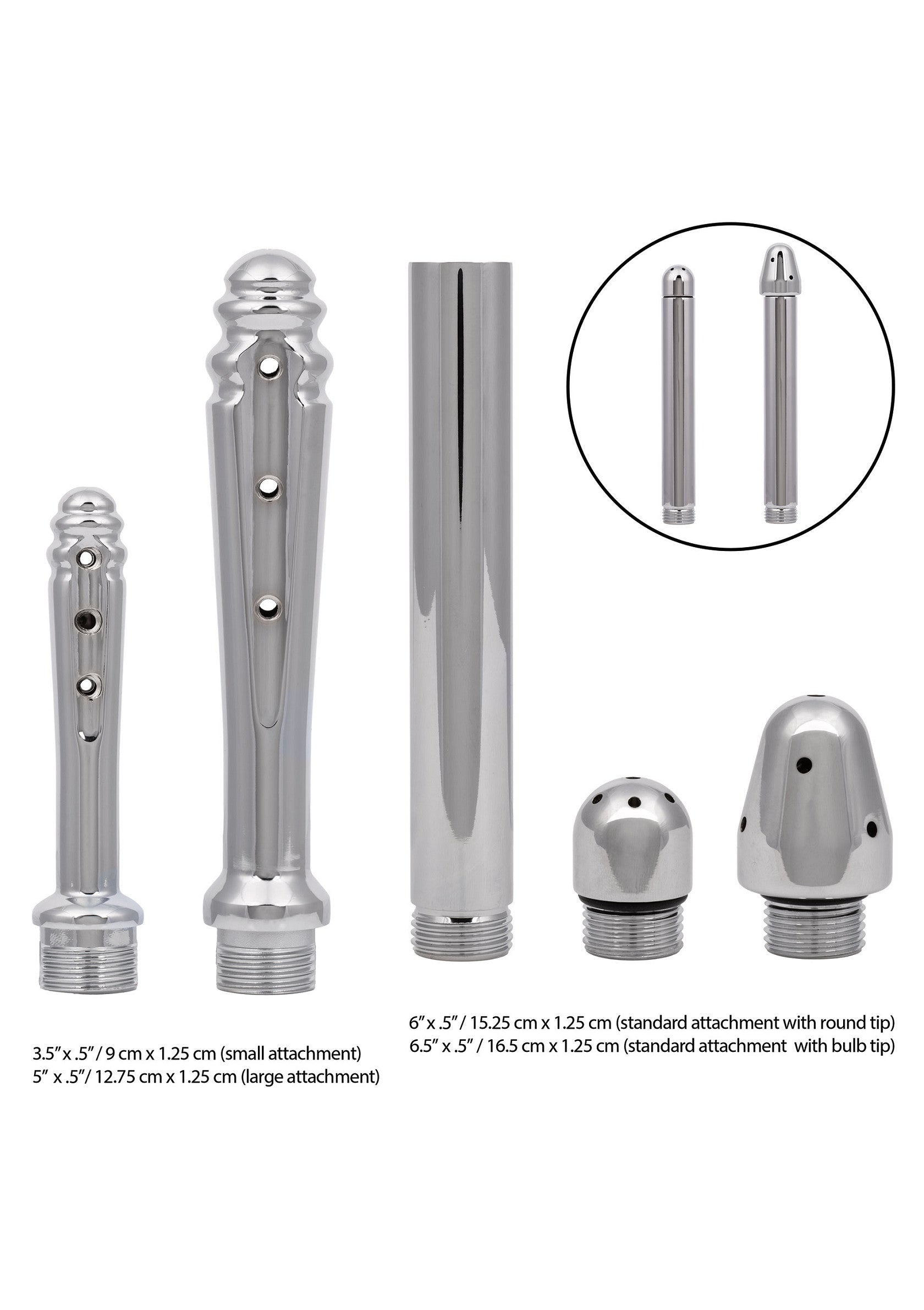 Sistem irigator intim cu furtun si 4 capete CalExotics argintiu, detaliu cap standard cu bulb