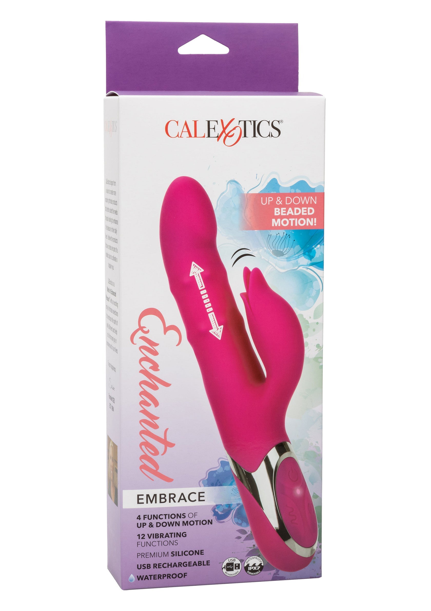 Vibrator rabbit cu bile si miscare ritmica Enchanted Embrace CalExotics roz, detaliu urechi iepuras