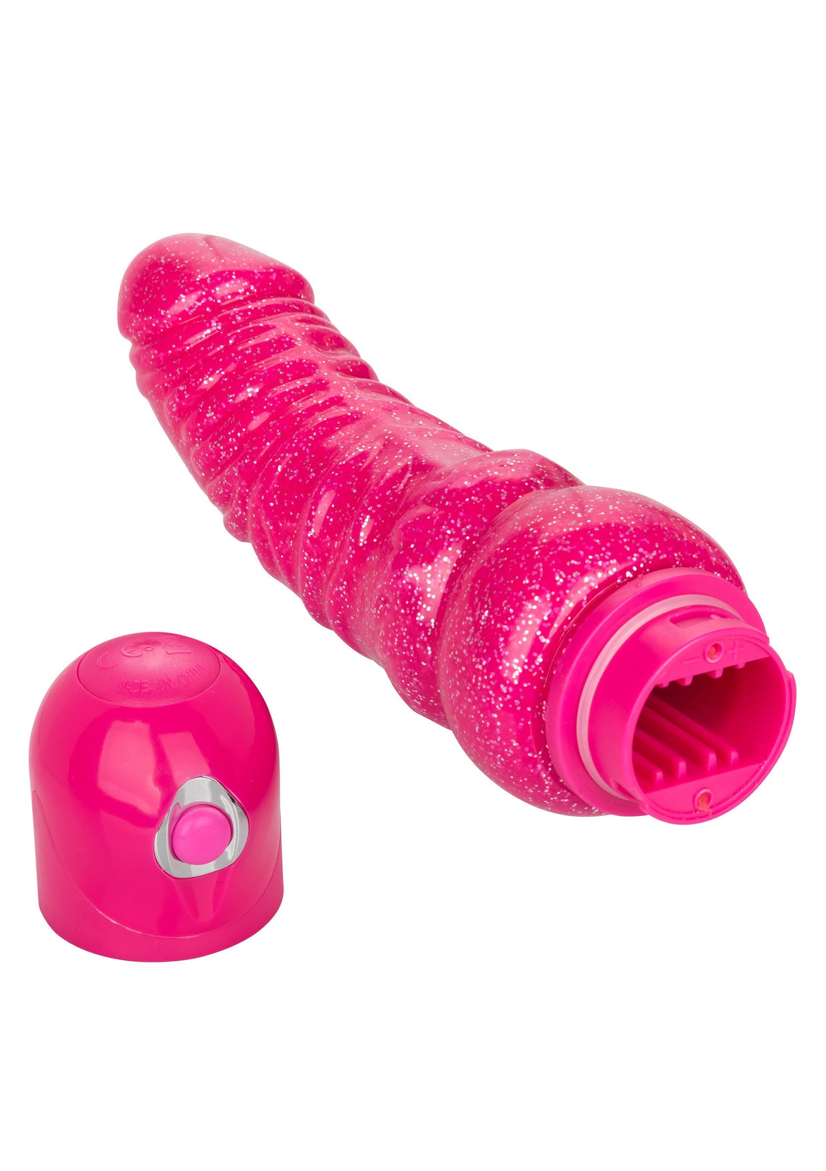 Vibrator flexibil cu sclipici Lady Boner CalExotics roz, detaliu textura striata