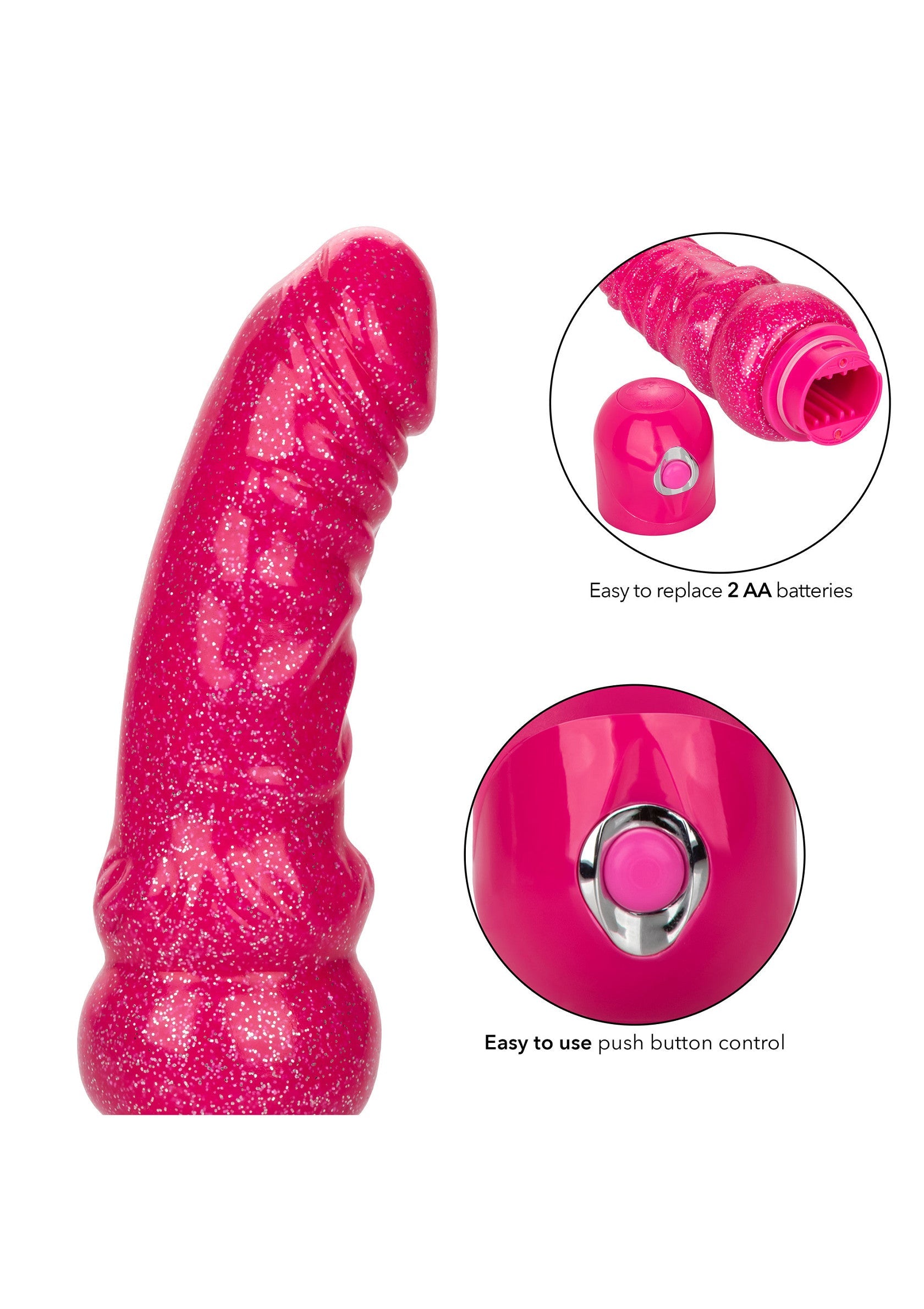 Vibrator flexibil cu sclipici Lady Boner CalExotics roz, detaliu baza