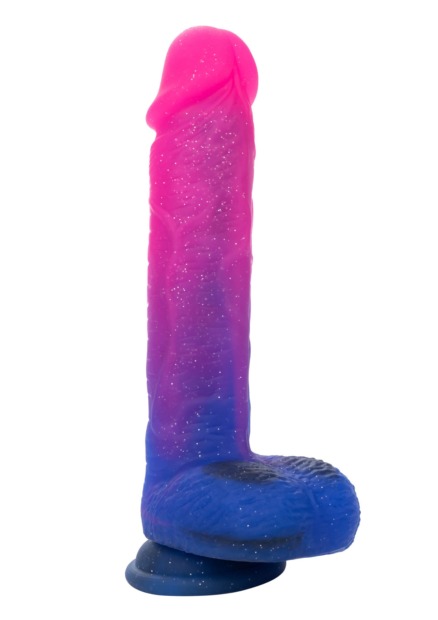 Dildo vibrator realist Ombre Hombre CalExotics roz-albastru, vedere de ansamblu cu baza ventuza