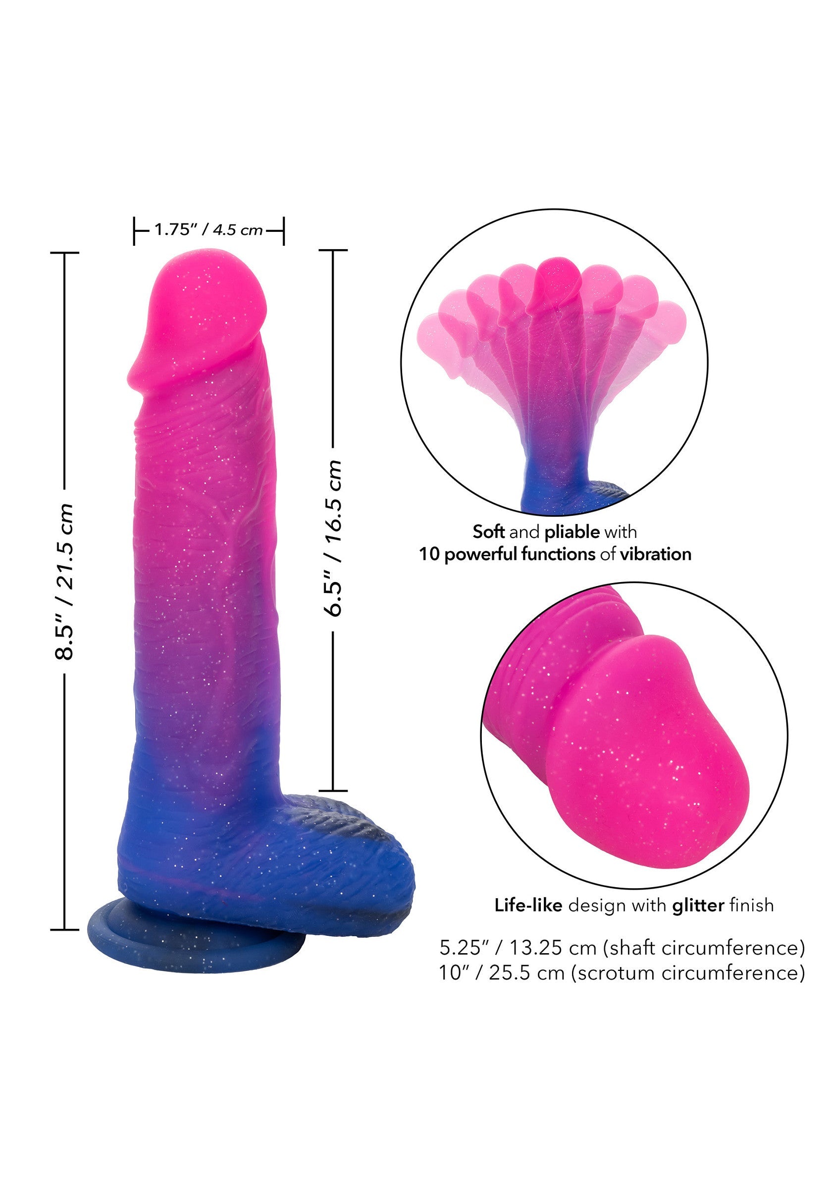 Dildo vibrator realist Ombre Hombre CalExotics roz-albastru, infografic dimensiuni si flexibilitate