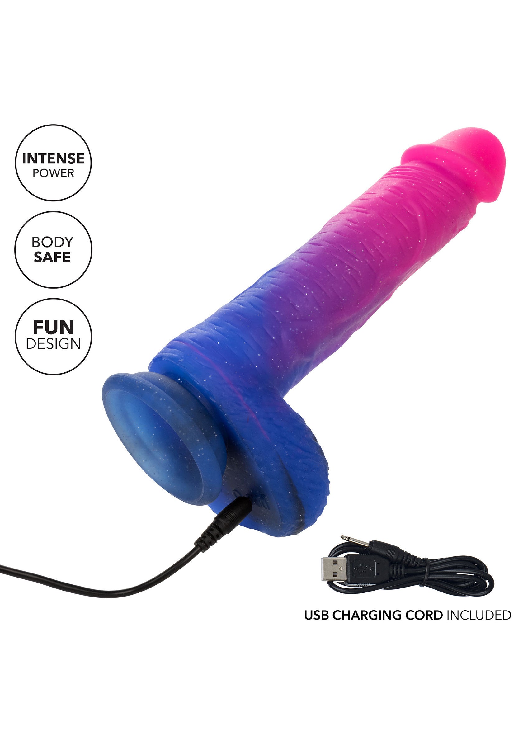Dildo vibrator realist Ombre Hombre CalExotics roz-albastru, detaliu port incarcare USB la baza