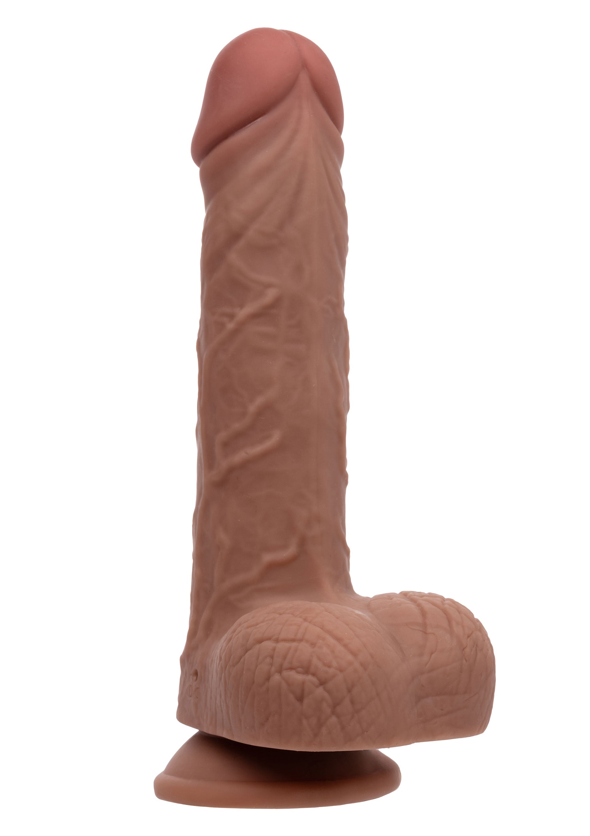 Dildo vibrator realist cu impingere The Thrusting Jack Hammer CalExotics caramel, vedere de ansamblu cu baza ventuza